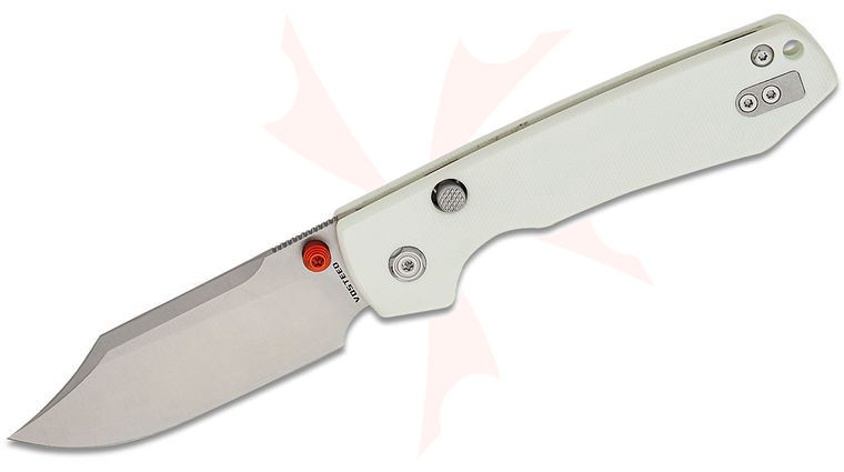 Vosteed Knives Raccoon Button Lock Folding Knife 3.25 inch Sandvik 14C28N Satin Bowie Blade, White G10 Handles