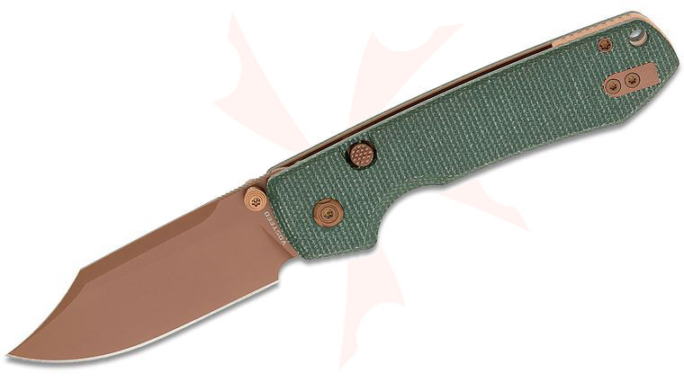 Vosteed Knives Raccoon Button Lock Folding Knife 3.25 inch Sandvik 14C28N Copper Dunes Bowie Blade, Green Micarta Handles