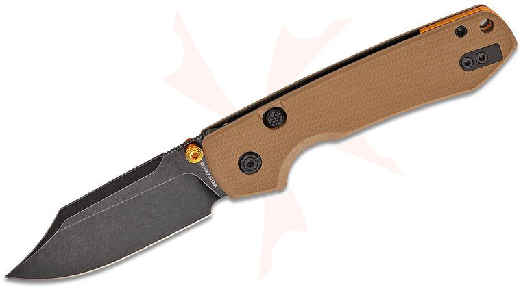 Vosteed Knives Raccoon Button Lock Folding Knife 3.25 inch Sandvik 14C28N Black Stonewashed Bowie Blade, Sand G10 Handles