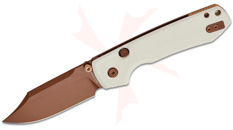 Vosteed Knives Raccoon Button Lock Folding Knife 3.25 inch Sandvik 14C28N Copper Dunes Bowie Blade, White G10 Handles