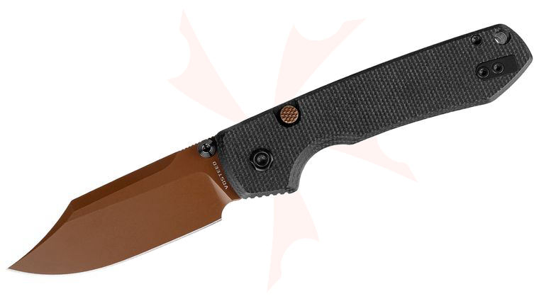 Vosteed Knives Raccoon Button Lock Folding Knife 3.25 inch Sandvik 14C28N Copper Dunes Bowie Blade, Black Micarta Handles