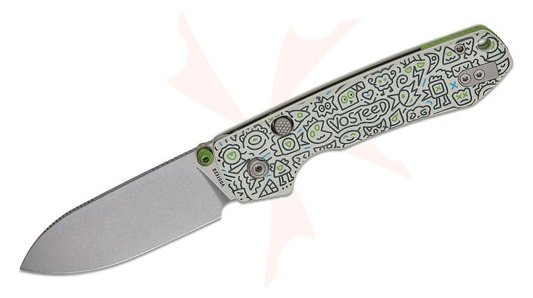 Vosteed Knives Raccoon Button Lock Folding Knife 3.25 inch Sandvik 14C28N Stonewashed Drop Point Blade, White Doodle Monster G10 Handles