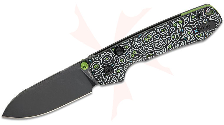 Vosteed Knives Raccoon Button Lock Folding Knife 3.25 inch Sandvik 14C28N Black Stonewashed Drop Point Blade, Black Doodle Monster G10 Handles