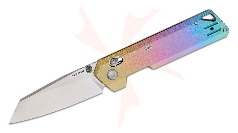 Vosteed Knives Parallel Folding Knife 2.9 inch S35VN Stonewashed Reverse Tanto Blade, Iridescent Crackle Titanium Handles