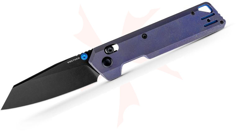 Vosteed Knives Parallel Folding Knife 2.9 inch S35VN Black Stonewashed Reverse Tanto Blade, Purple Titanium Handles