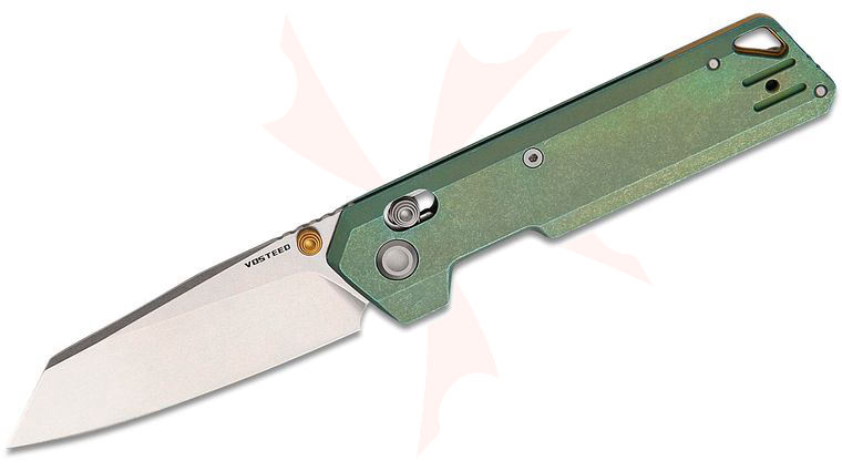 Vosteed Knives Parallel Crossbar Lock Folding Knife 2.9 inch 154CM Stonewashed Reverse Tanto Blade, Green Titanium Handles