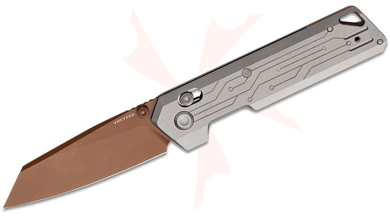 Vosteed Knives Parallel Crossbar Lock Folding Knife 2.9 inch 154CM Copper Dune Reverse Tanto Blade, Gray Circuit Titanium Handles