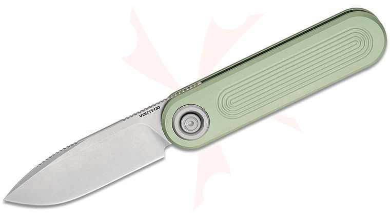 Vosteed Knives Corgi V 295 Vanchor Lock Front Flipper Knife 2.95 inch S35VN Stonewashed Drop Point Blade, Pale Green Aluminum Handles
