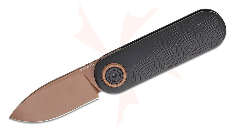 Vosteed Knives Corgi V Vanchor Lock Front Flipper Knife 2.36 inch 14C28N Copper Dune Drop Point Blade, Black Aluminum Handles