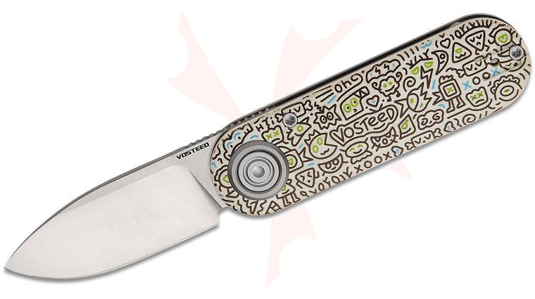 Vosteed Knives Corgi V Vanchor Lock Front Flipper Knife 2.36 inch 14C28N Satin Drop Point Blade, White Doodle Monster G10 Handles
