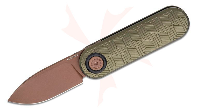 Vosteed Knives Corgi V Vanchor Lock Front Flipper Knife 2.36 inch 14C28N Copper Dune Drop Point Blade, Green Aluminum Handles