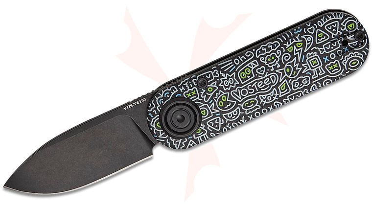 Vosteed Knives Corgi V Vanchor Lock Front Flipper Knife 2.36 inch 14C28N Black Stonewashed Drop Point Blade, Black Doodle Monster G10 Handles