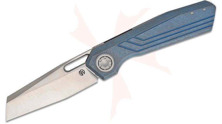 Vosteed Knives Geoff Blauvelt Xeno Vanchor Lock Folding Knife 3.23 inch Vanax Satin Reverse Tanto Blade, Blue Titanium Handles