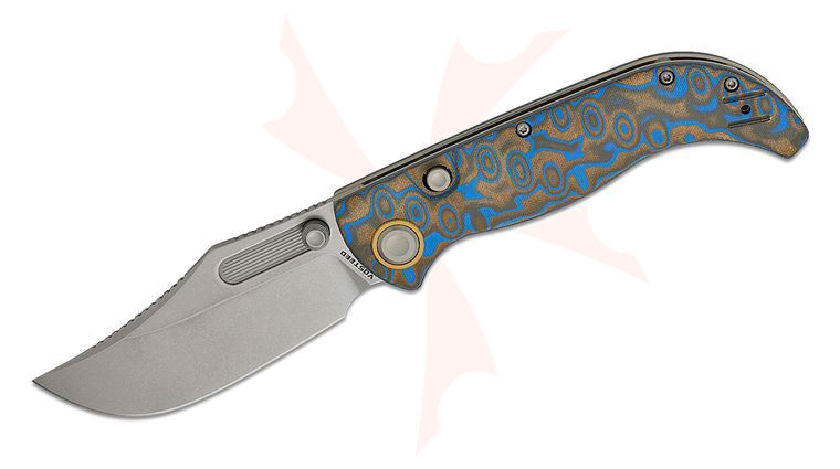 Vosteed Knives Naga Button Lock Folding Knife 3.47 inch S35VN Stonewashed Bowie Blade, Blue Ocean Micarta Handles