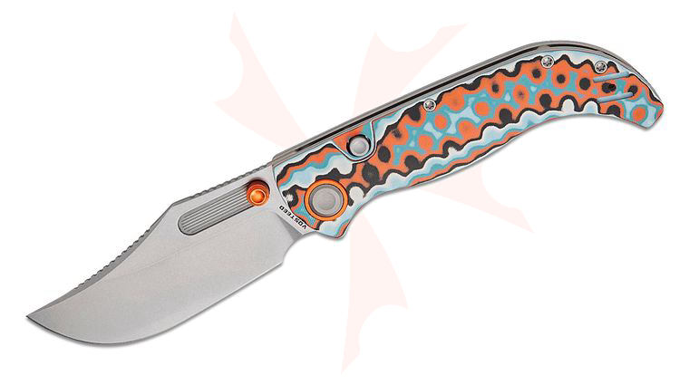 Vosteed Knives Naga Button Lock Folding Knife 3.47 inch S35VN Stonewashed Bowie Blade, Coral Orbit Bamboo Micarta Handles