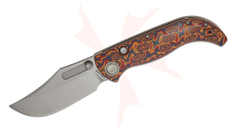 Vosteed Knives Naga Button Lock Folding Knife 3.47 inch S35VN Stonewashed Bowie Blade, Copper Raindrop Micarta Handles