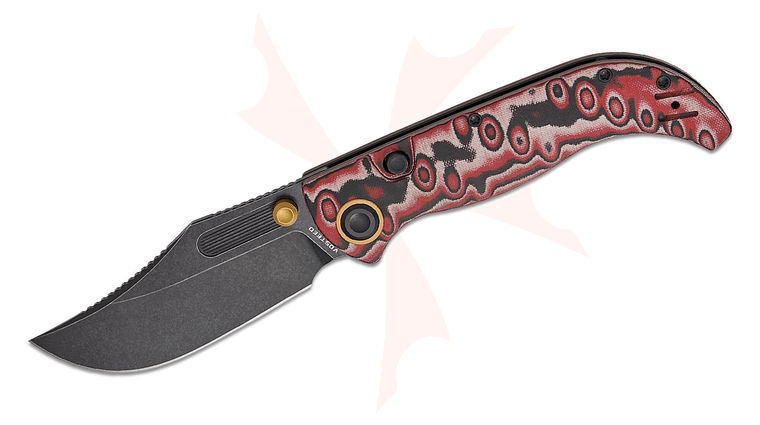 Vosteed Knives Naga Button Lock Folding Knife 3.47 inch S35VN Black Stonewashed Bowie Blade, Scarlet Void Micarta Handles