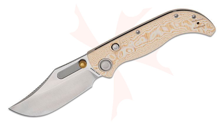 Vosteed Knives Naga Button Lock Folding Knife 3.47 inch S35VN Satin Bowie Blade, Ivory Drift Micarta Handles