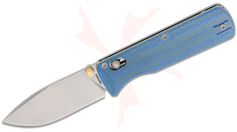 Vosteed Knives Vombat Crossbar Lock Folding Knife 2.92 inch 14C28N Stonewashed Drop Point Blade, Blue Micarta Handles