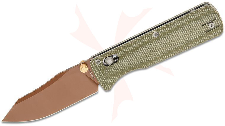 Vosteed Knives Vombat Crossbar Lock Folding Knife 2.92 inch 14C28N Copper Dune Clip Point Blade, Green Micarta Handles