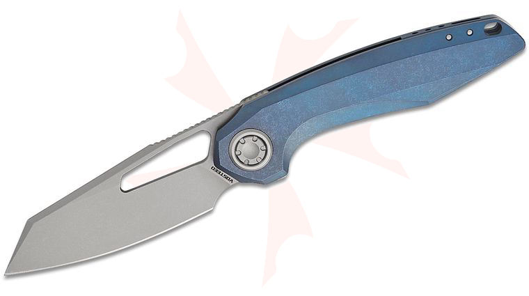 Vosteed Knives Yue Thunderbeast Vanchor Lock Flipper Knife 3.49 inch M390 Bead Blasted Reverse Tanto Blade, Blue Titanium Handles