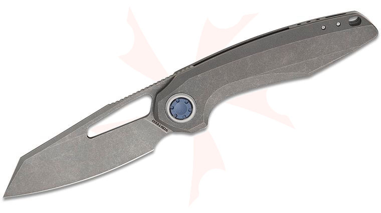 Vosteed Knives Yue Thunderbeast Vanchor Lock Flipper Knife 3.49 inch M390 Acid Washed Reverse Tanto Blade, Dim Gray Titanium Handles