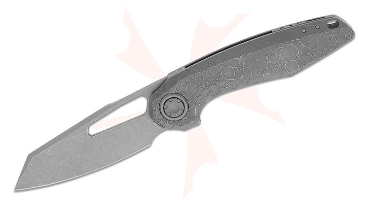 Vosteed Knives Yue Thunderbeast Vanchor Lock Flipper Knife 3.49 inch M390 Acid Washed Reverse Tanto Blade, Acid Washed Gray Titanium Handles