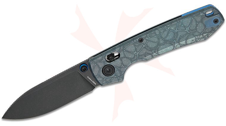 Vosteed Knives Raccoon TiSlim Crossbar Lock Folding Knife 3.18 inch S35VN Black Stonewashed Drop Point Blade, Milled Acid Wash Blue Titanium Handles