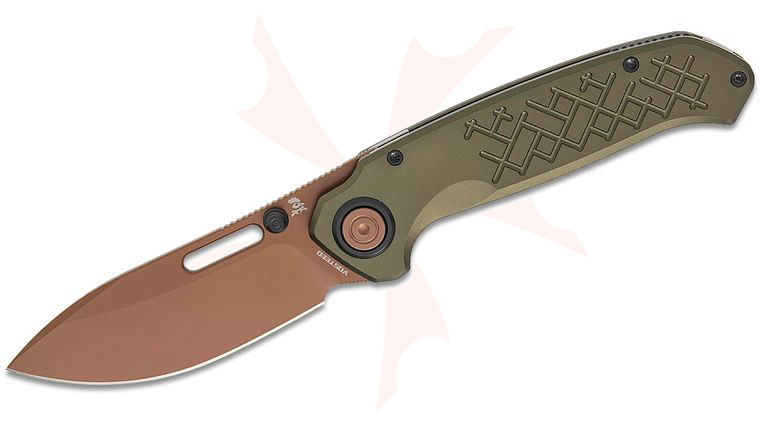 Vosteed Knives Kornel Kiss Zander Vanchor Lock Flipper Knife 3.40 inch S35VN Copper Dune Drop Point Blade, Olive Green Aluminum Handles