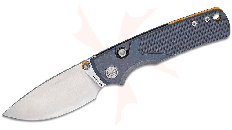 Vosteed Knives Yue Porcupine TiSlim Top Liner Lock Folding Knife 3.04 inch 154CM Stonewashed Drop Point Blade, Blue Machined Titanium Handles