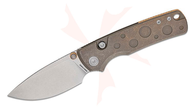 Vosteed Knives Yue Porcupine TiSlim Top Liner Lock Folding Knife 3.04 inch S90V Stonewashed Drop Point Blade, Antique Brasswash Machined Titanium Handles