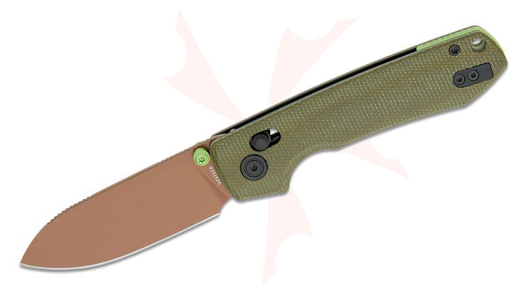 Vosteed Knives Raccoon Modswap Crossbar Lock Folding Knife 3.18 inch Nitro-V Copper Dune Drop Point Blade, Green Micarta Handles