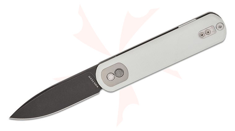 Vosteed Knives Corgi Trek Lock Flipper Knife 2.99 inch Sandvik 14C28N Black Stonewashed Drop Point Blade, White G10 Handles