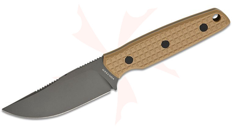 Vosteed Knives Yue Mink Fixed Blade Knife 3.33 inch 14C28N Destroyer Gray Clip Point Blade, Frag Milled Sand G10 Handles, Kydex Sheath