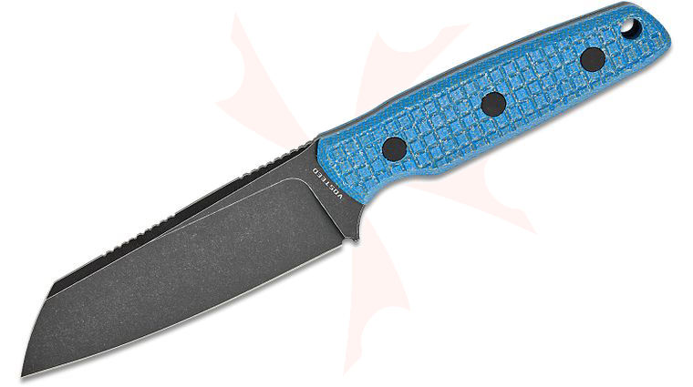 Vosteed Knives Yue Mink XL Fixed Blade Knife 3.99 inch Nitro-V Black Stonewashed Sheepsfoot Blade, Frag Milled Blue Micarta Handles, Kydex Sheath