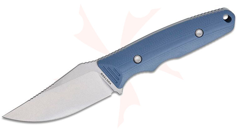 Vosteed Knives H-Back Fixed Blade Knife 2.92 inch Nitro-V Stonewashed Clip Point Blade, Blue G10 Handles, Kydex Sheath with S.O.A.R. Clip