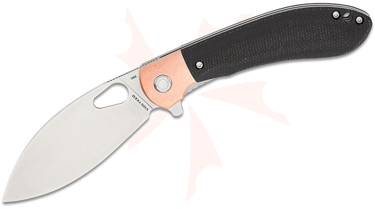 Vosteed Knives Nightshade Liner Lock Flipper Knife 3.26 inch Elmax Satin Kukri Blade, Black Micarta Handles with Copper Bolsters