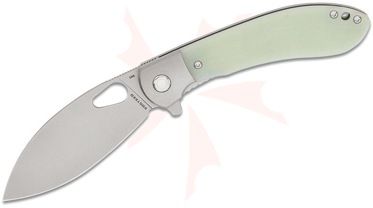 Vosteed Knives Nightshade Liner Lock Flipper Knife 3.26 inch Elmax Stonewashed Kukri Blade, Jade G10 Handles with Titanium Bolsters