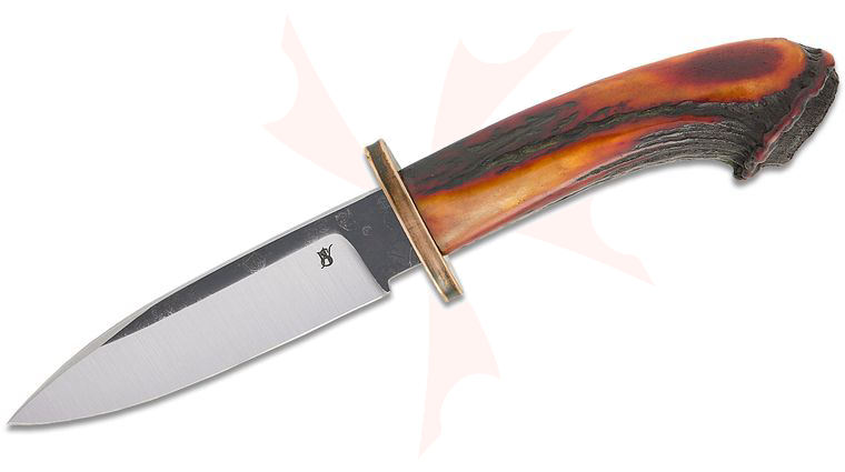 W.A. Surls Custom Gents Fighter Fixed Blade Knife 5.32 inch ProCut Two-Tone Drop Point Blade, Sambar Stag Handles with Bronze Bolster, No Sheath