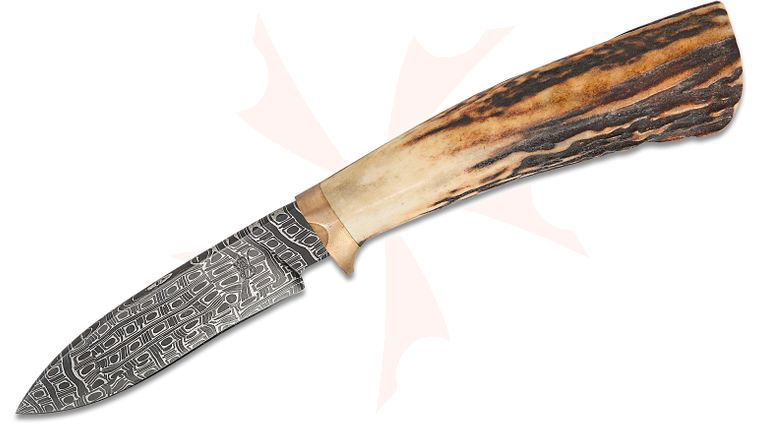 W.A. Surls Knives Custom Mini Satillia Fixed Blade Knife 3.05 inch Nichols Mosaic Damascus Drop Point Blade, Sambar Stag Handle with Bronze Bolster, Leather Sheath