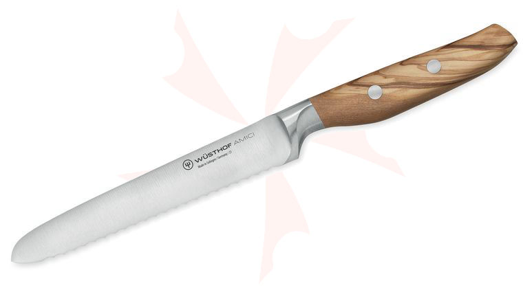 Wusthof Amici 5 inch Serrated Utility Knife, Olive Wood Handles