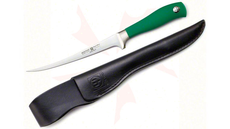 Wusthof Grand Prix II 7 inch Fillet Knife, Green Hande, Leather Sheath
