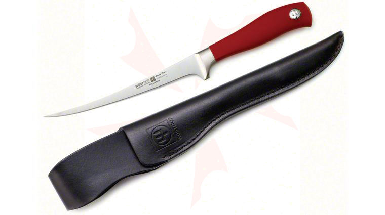 Wusthof Grand Prix II 7 inch Fillet Knife, Red Hande, Leather Sheath