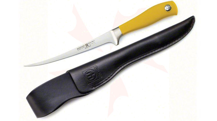 Wusthof Grand Prix II 7 inch Fillet Knife, Yellow Hande, Leather Sheath