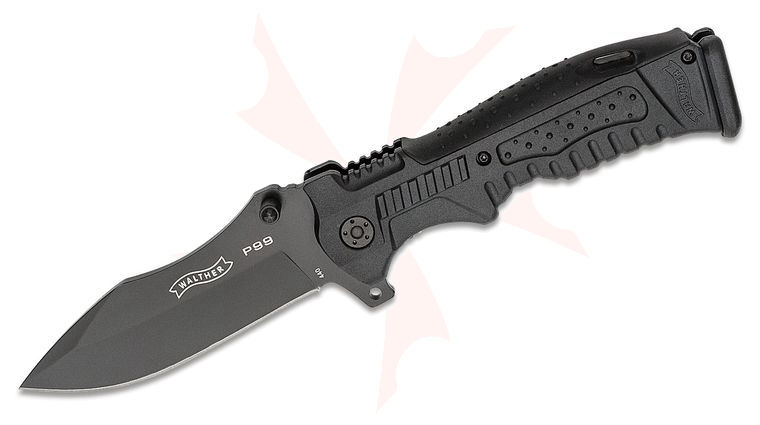 Walther P99 Tactical Flipper Knife 3.86 inch Black Drop Point Blade, Black Synthetic Handles with Interchangeable Back, Nylon Pouch