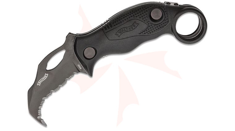 Walther KDK Folding Karambit 2.32 inch 440C Black Serrated Hawkbill Blade, Black Synthetic Handle with Finger Ring Pommel, Nylon Pouch