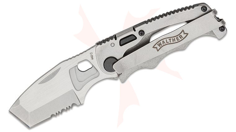 Walther CFK Chisel Frame Lock Folding Knife 2.44 inch Two-Tone Tanto Combo Blade, Stonewashed Skeletonized Stainless Steel Handles, Nylon Pouch