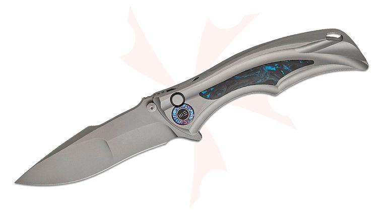 We Knife Company Brian Tighe Tighe Down Button Lock Flipper Knife 4 inch M390 Stonewashed Compound Drop Point Blade, Gray Integral Titanium Handle with Blue Carbon Fiber Inlays