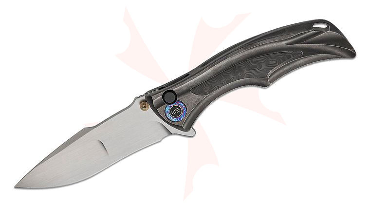 We Knife Company Brian Tighe Tighe Down Button Lock Flipper Knife 4 inch M390 Hand Rubbed Satin Compound Drop Point Blade, Polished Gray Orange Peel Textured Integral Titanium Handle with Rose Carbon Fiber Inlays