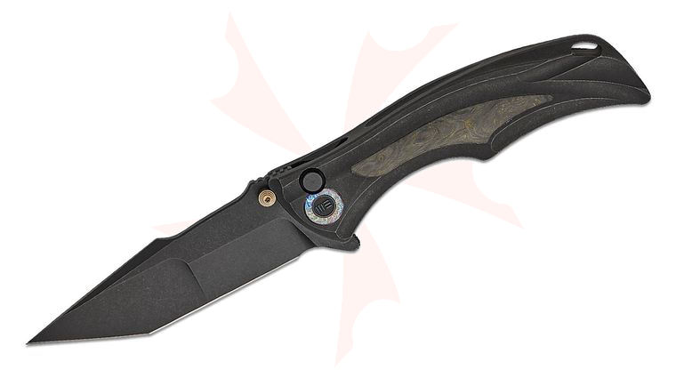We Knife Company Brian Tighe Tighe Down Button Lock Flipper Knife 4 inch M390 Black Stonewashed Compound Tanto Blade, Black Integral Titanium Handle with Yellow Carbon Fiber Inlays